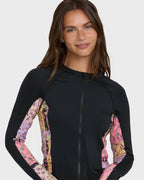 Dreamy Daze Zip Front Long Sleeve Rashguard - Black Pebble