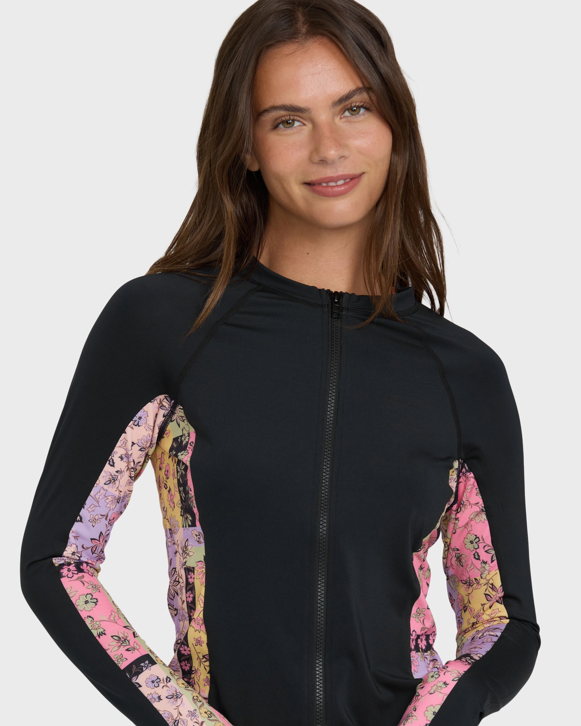 Dreamy Daze Zip Front Long Sleeve Rashguard - Black Pebble