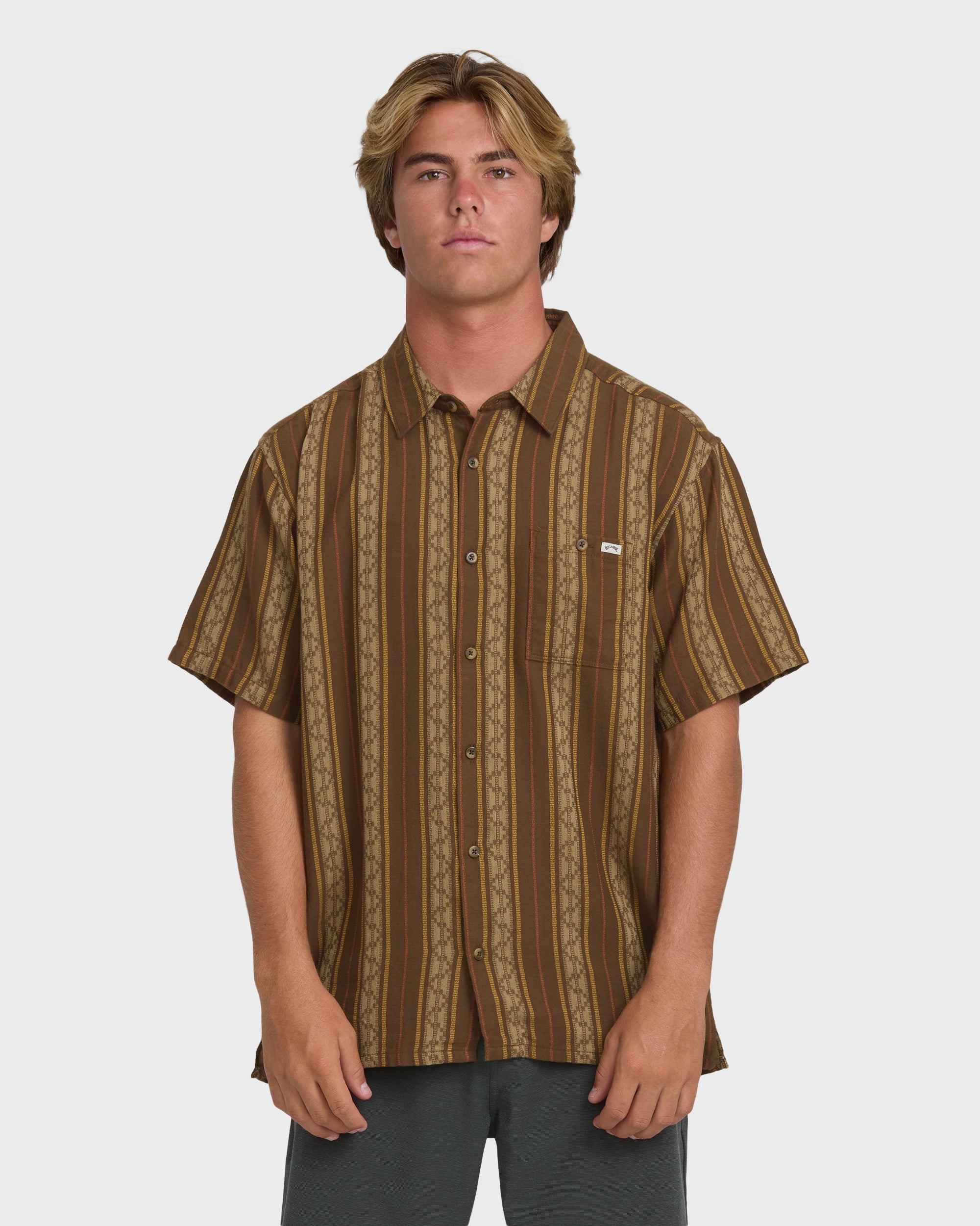 Sundays Jacquard Short Sleeve Woven Shirt - Vintage Khaki