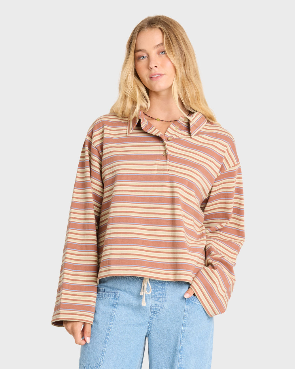 Sugar Stripe Long Sleeve Cotton Polo Shirt - Sugar Almond