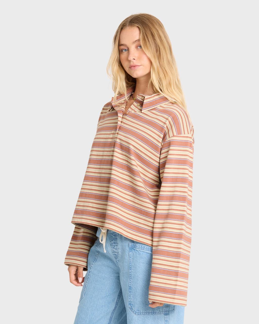 Sugar Stripe Long Sleeve Cotton Polo Shirt - Sugar Almond