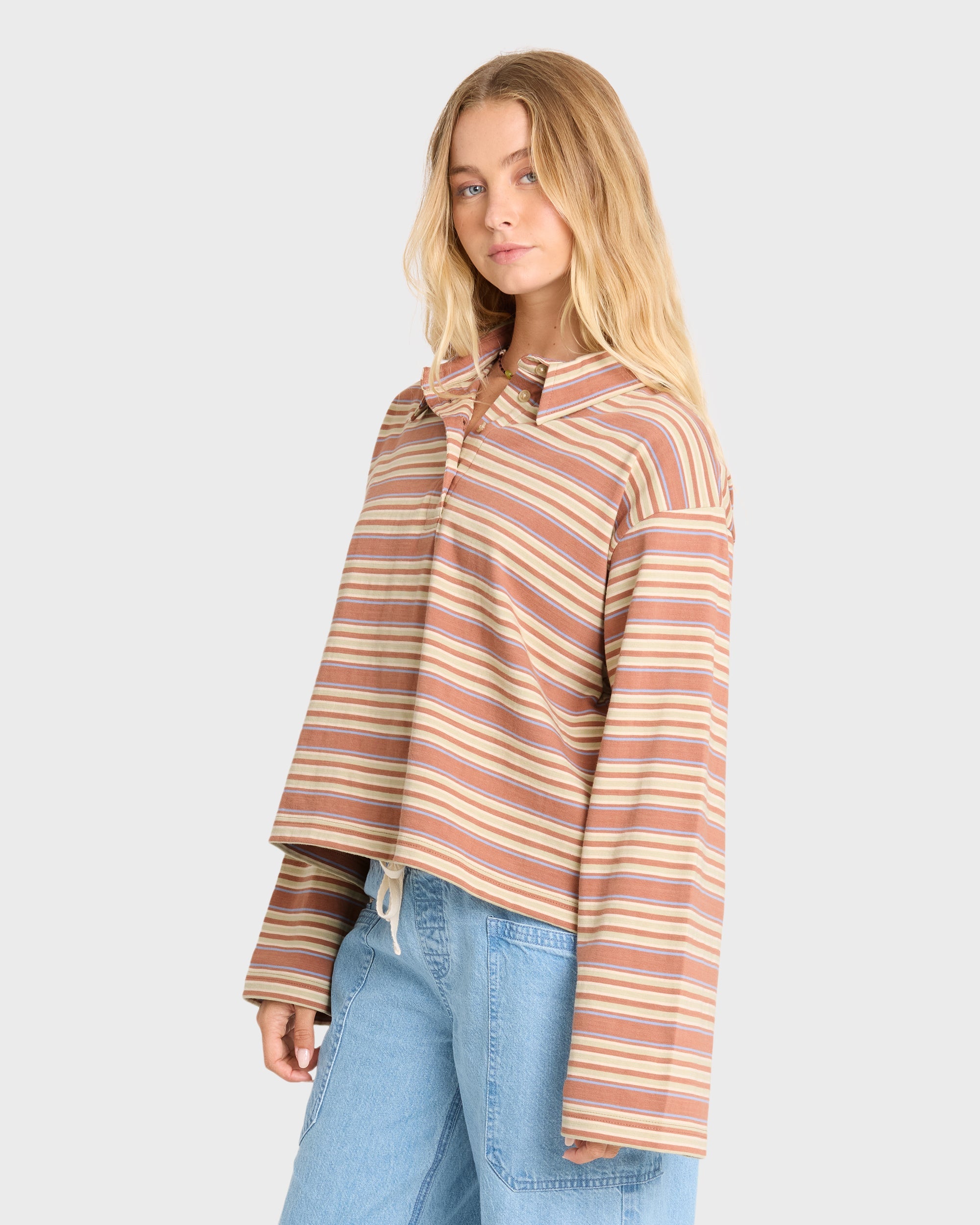 Sugar Stripe Long Sleeve Cotton Polo Shirt - Sugar Almond