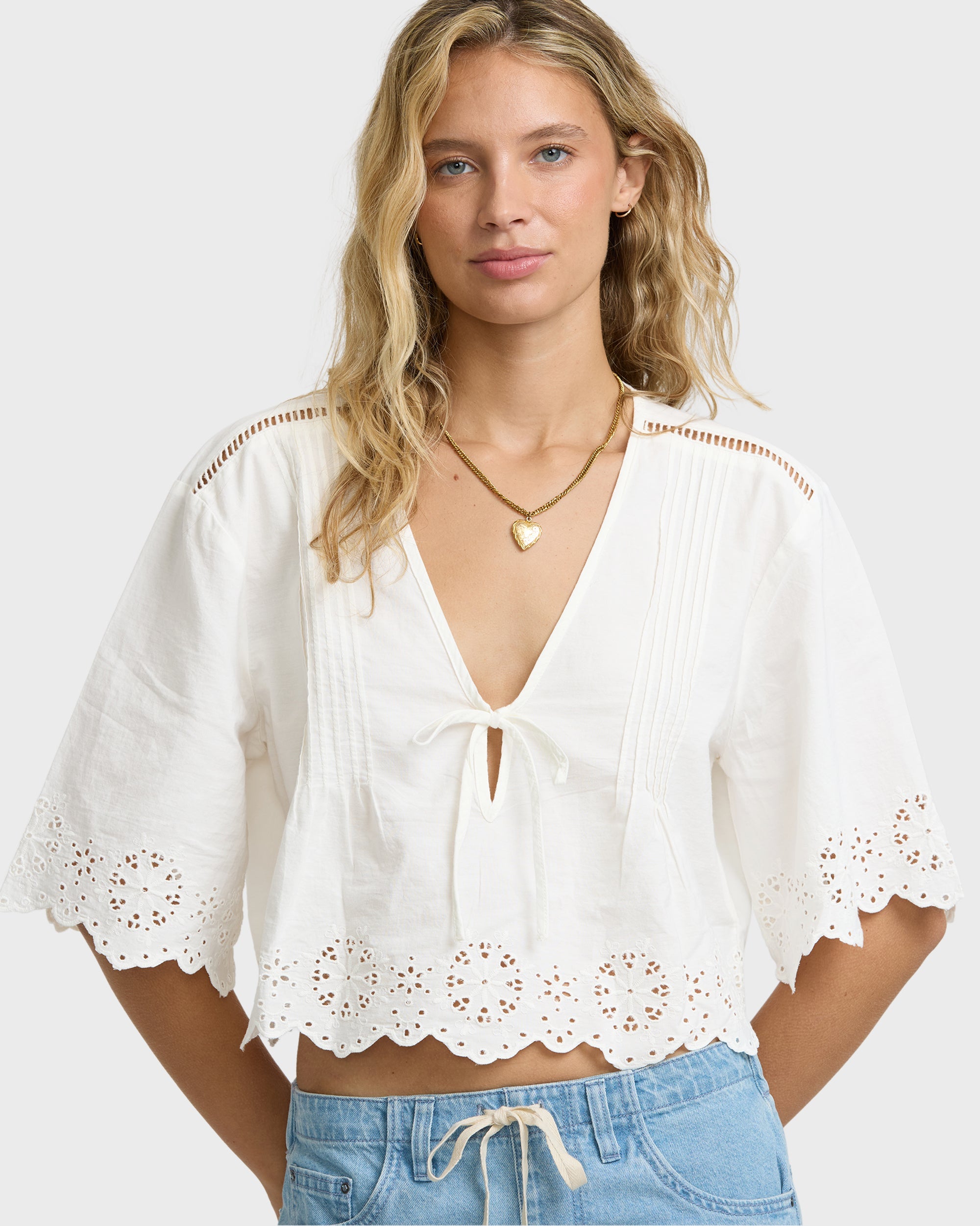 Light And Airy Short Sleeve Cotton Blouse - Salt Crystal