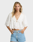 Light And Airy Short Sleeve Cotton Blouse - Salt Crystal