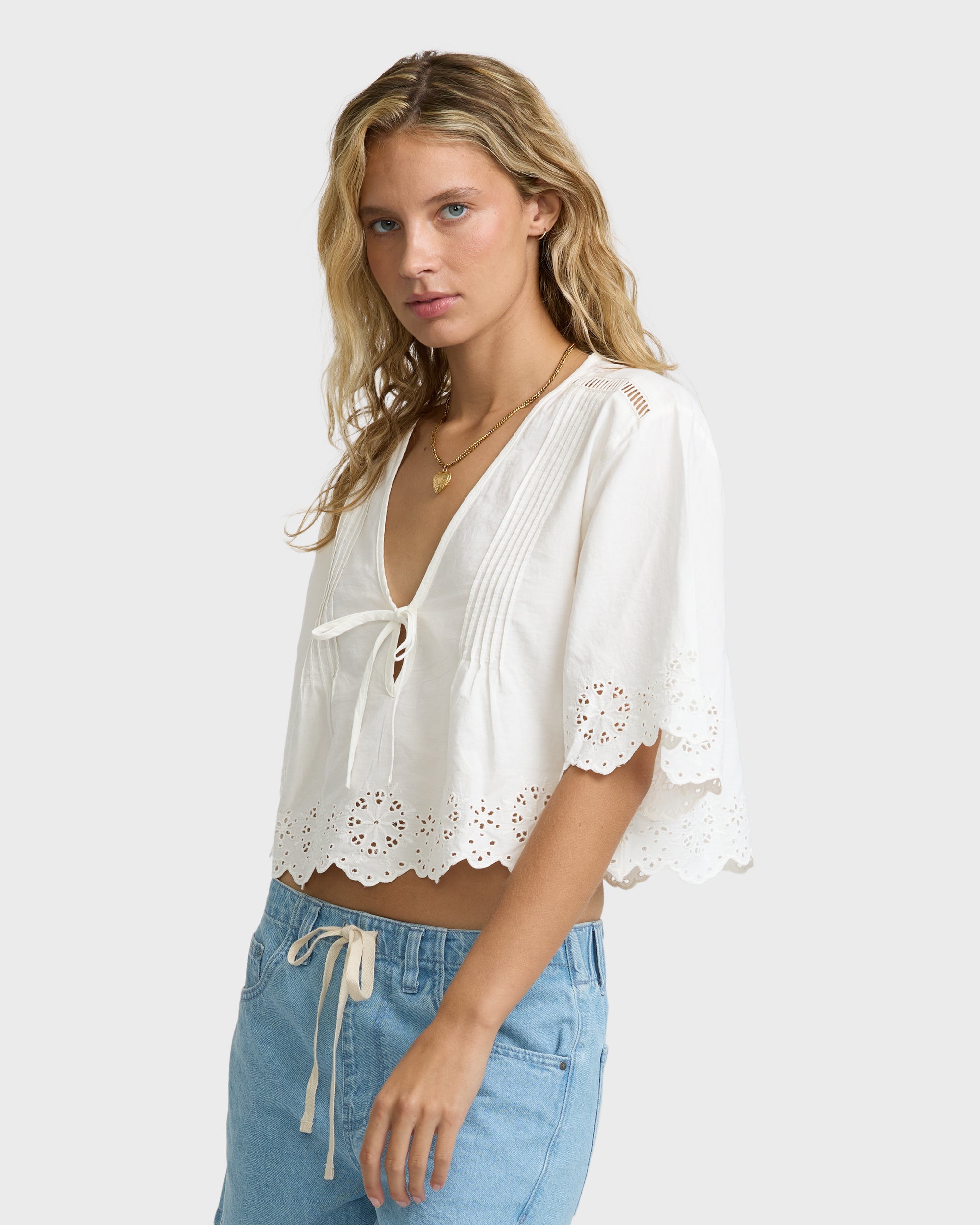 Light And Airy Short Sleeve Cotton Blouse - Salt Crystal