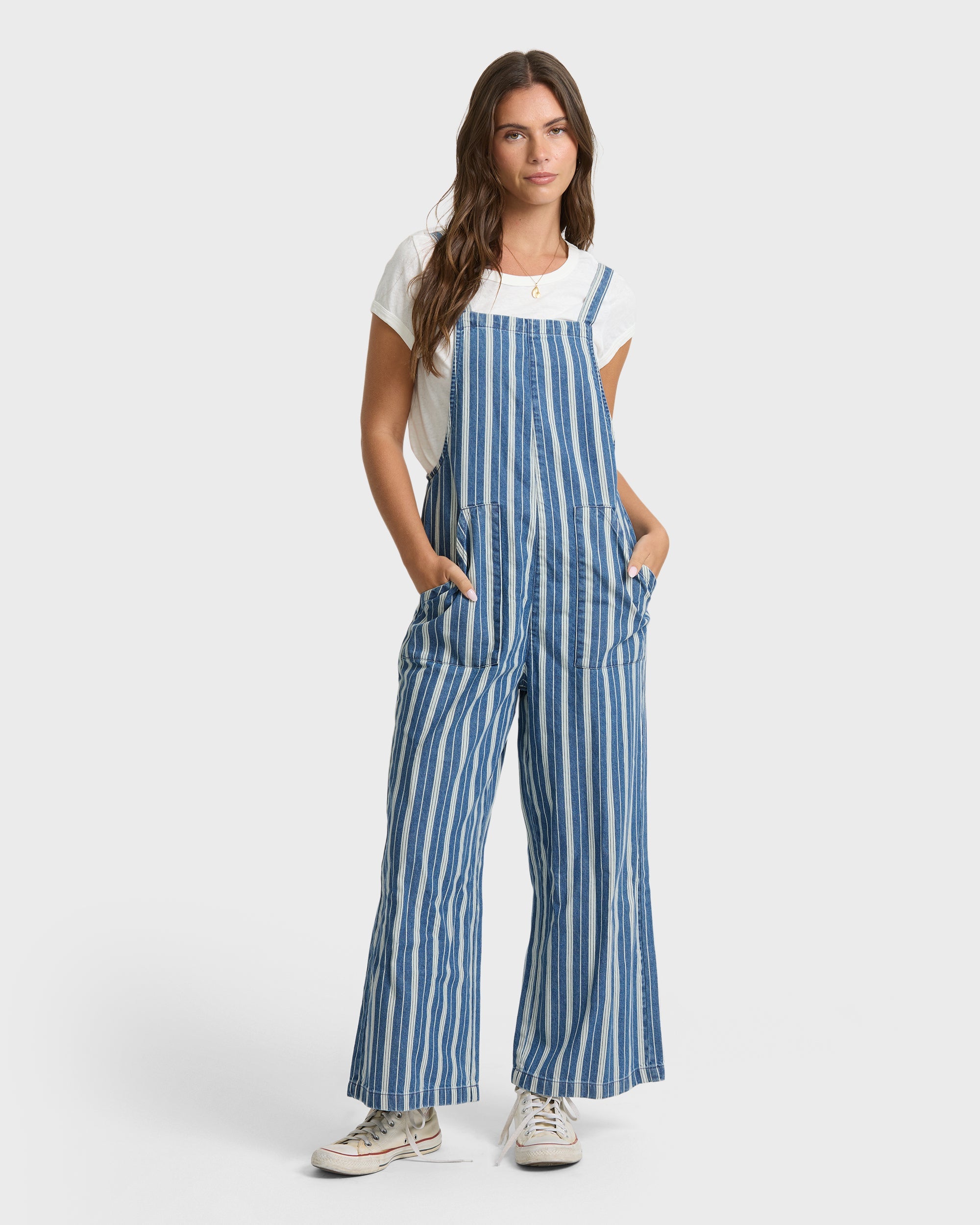 Pacific Time Saltwashed Stripe Jumpsuit - Blue Smoke